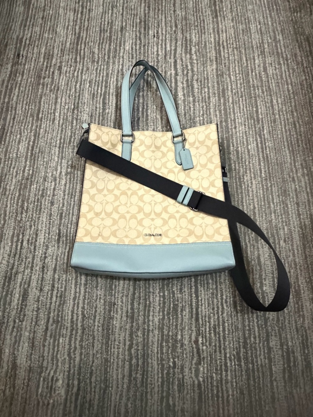 Coach Beige Signature Canvas Tote with Light Blue Trim - Picture 4 of 16